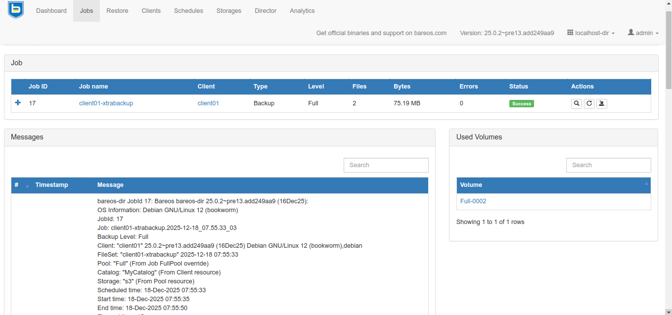 Bareos Webui XtraBackup